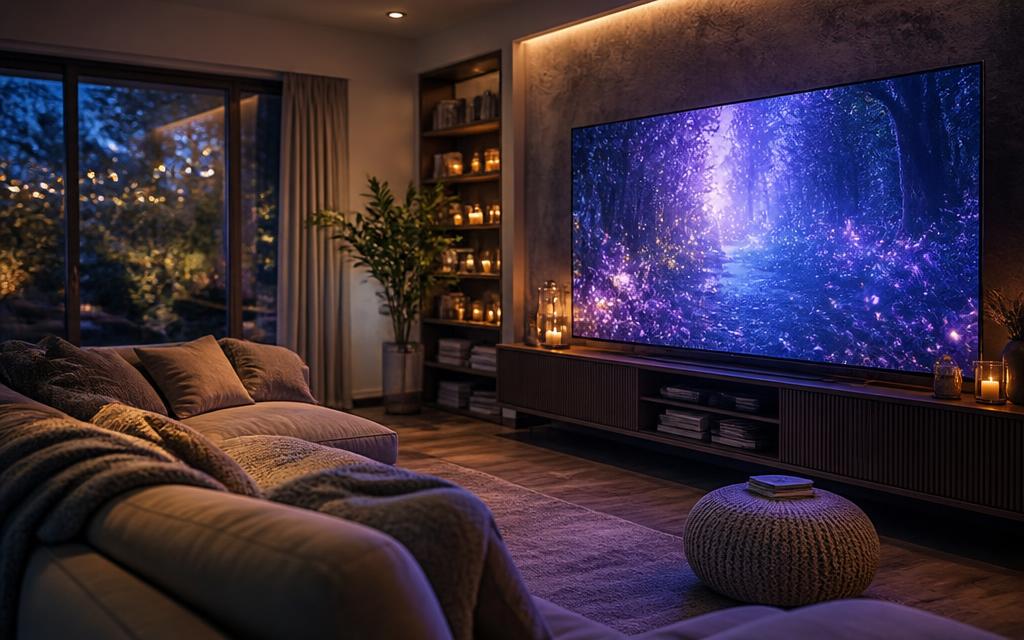 Salon familial chaleureux avec grand écran aux lumières violettes et féeriques