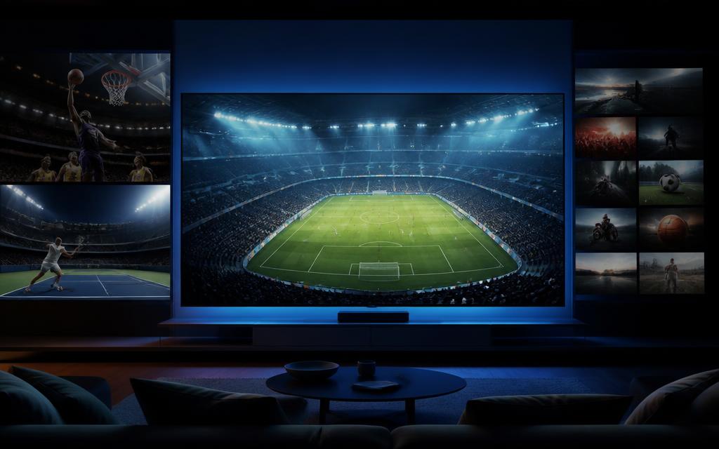 Grand écran de télévision diffusant un match de football dans un salon aux lumières bleutées
