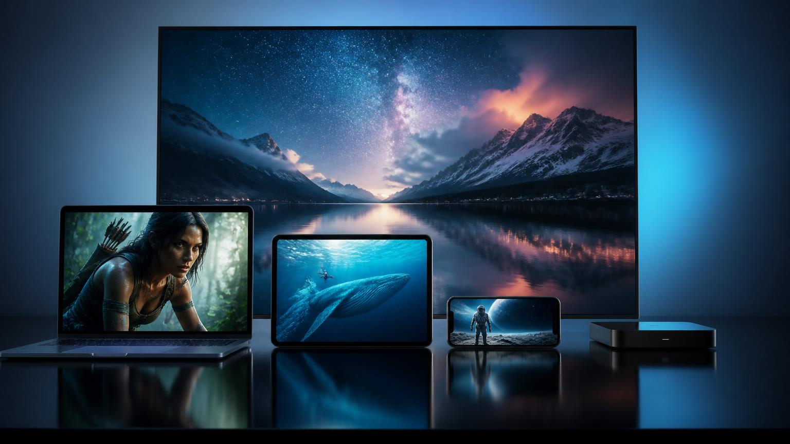 Smart TV, ordinateur portable, tablette, smartphone et box Android TV affichant des contenus vidéo