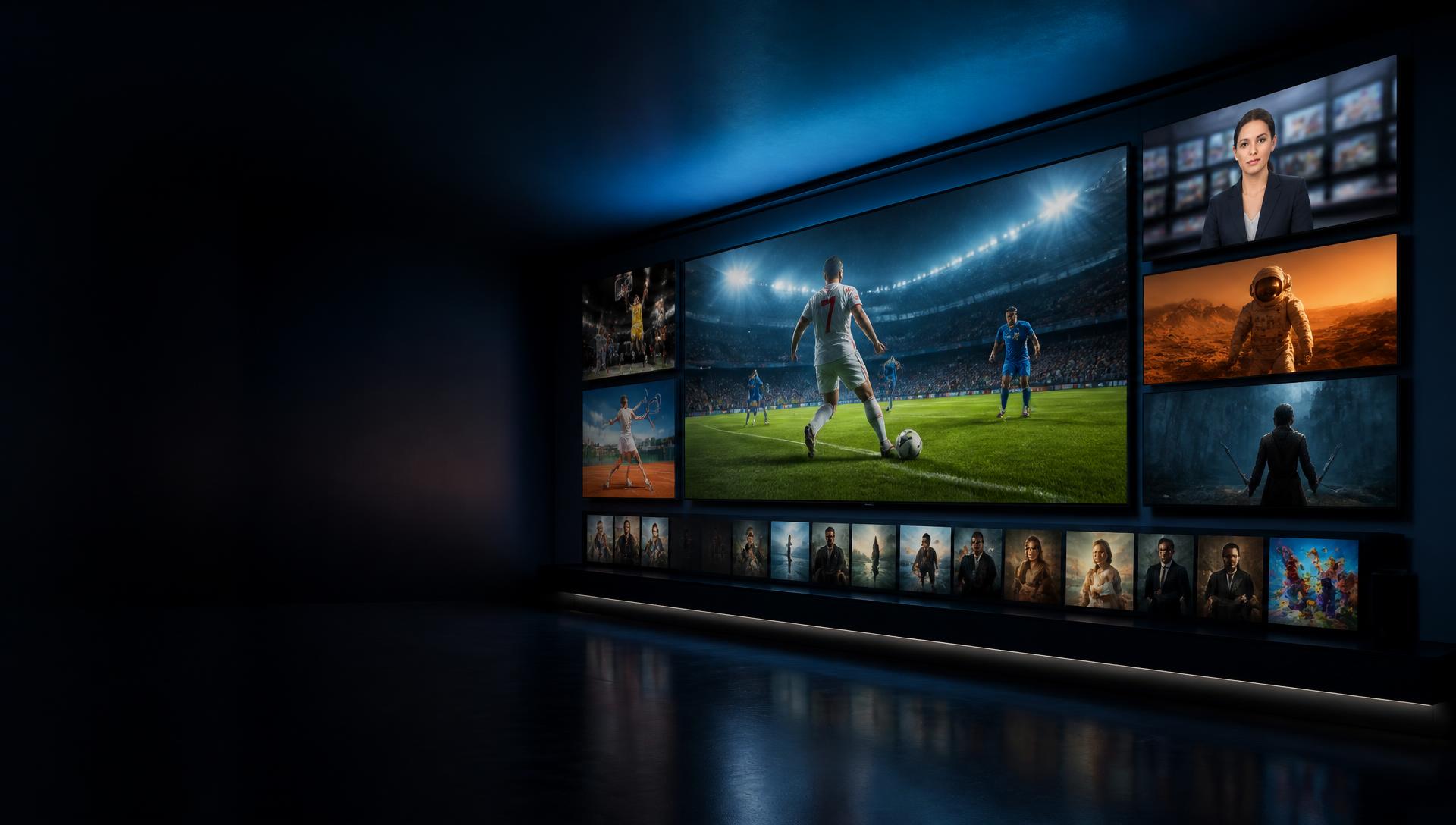 Salon moderne haut de gamme avec plusieurs écrans diffusant un match de football, un match de basket, des films et des séries