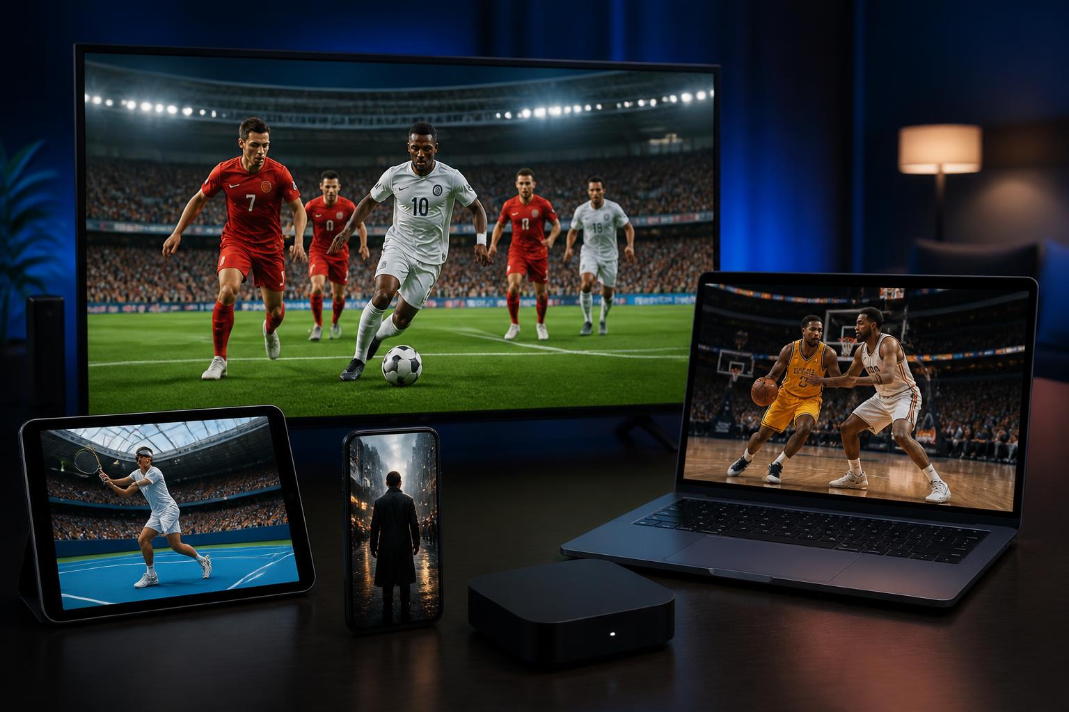 Smart TV, ordinateur portable, tablette, smartphone et box Android TV diffusant football, basket, tennis et films